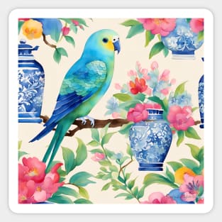 Chinoiserie blue budgies and ginger jars watercolor Sticker